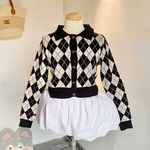 Black White Argyle Preppy Cardigan Sweater